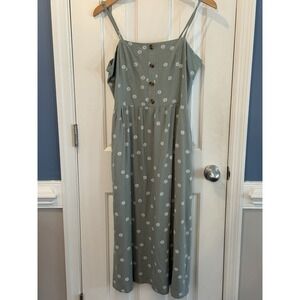 Dip Green Floral Cottage Midi Jumper Dress Pockets Size Large Cotton Linen